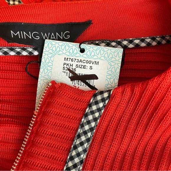 Ming Wang Poppy Red Gingham Trim Zip Front Long Sweater Jacket Womens S new nwt - Picture 16 of 16
